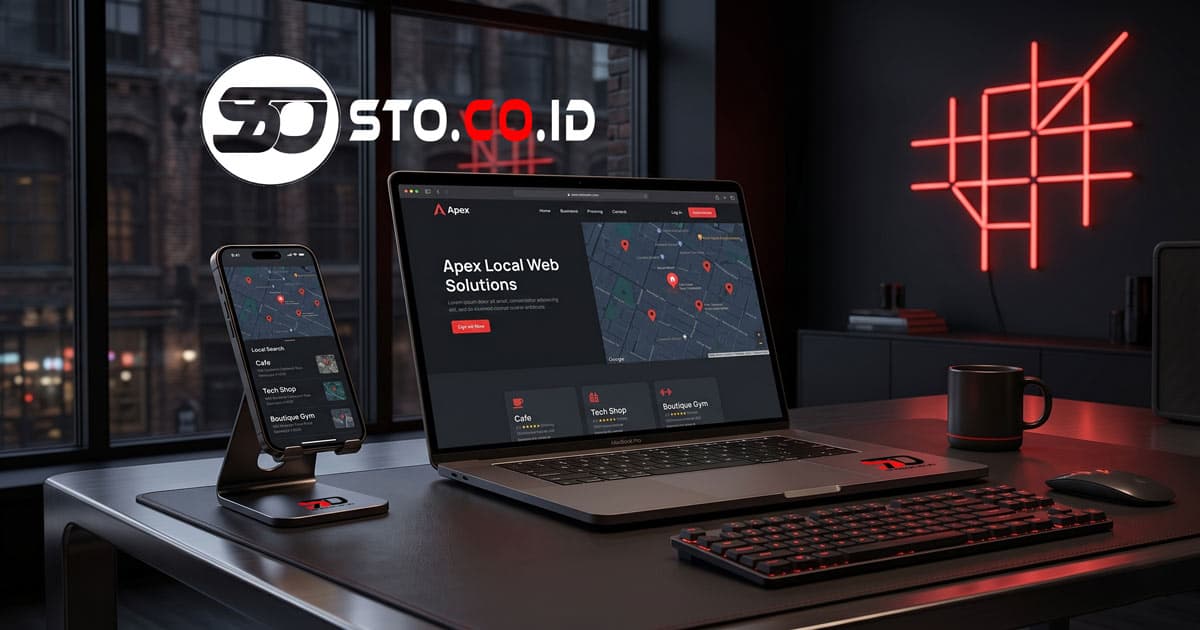 Tampilan website profesional di layar laptop dan smartphone yang menunjukkan layanan pembuatan website lokal untuk bisnis di Gresik dan Surabaya