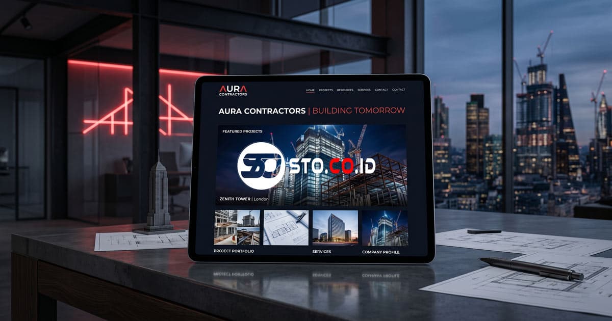 Tampilan website company profile profesional untuk perusahaan kontraktor proyek di tablet