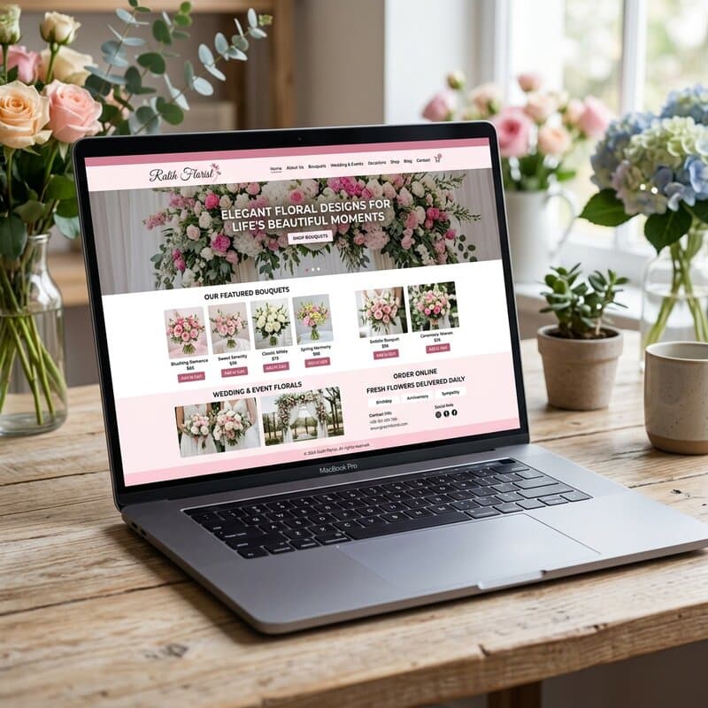 Website toko bunga online Ratih Florist dengan katalog produk rangkaian bunga dan sistem pemesanan e-commerce