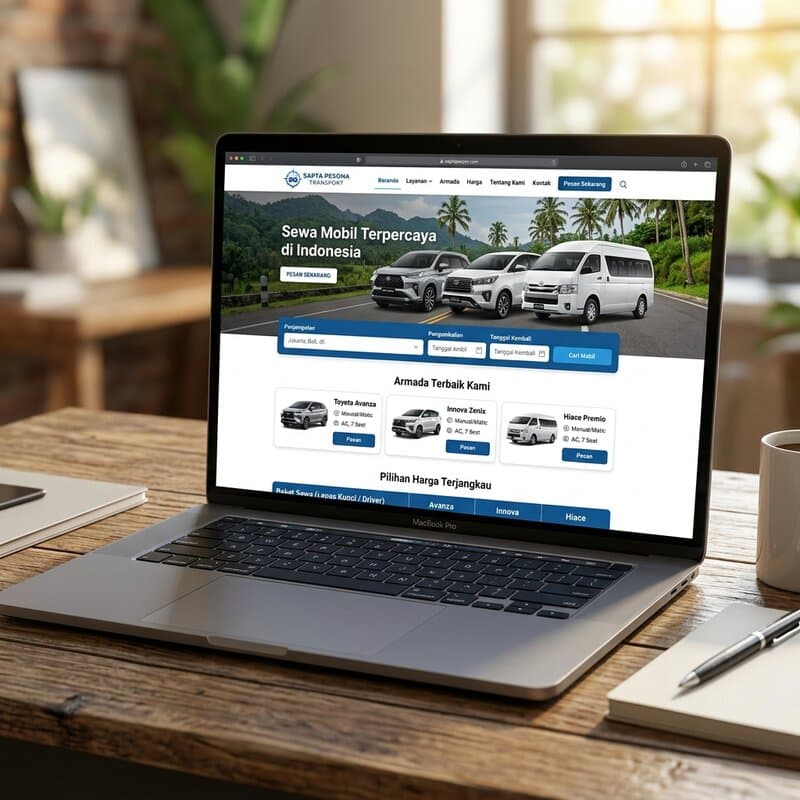 Website rental mobil Sapta Pesona Transport dengan sistem booking online dan daftar harga sewa kendaraan di Indonesia