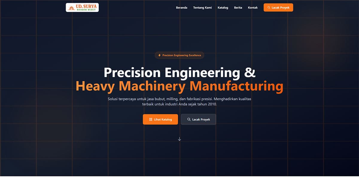 Website perusahaan manufaktur dan ERP UD Surya Mandiri dengan sistem katalog produk industri berat
