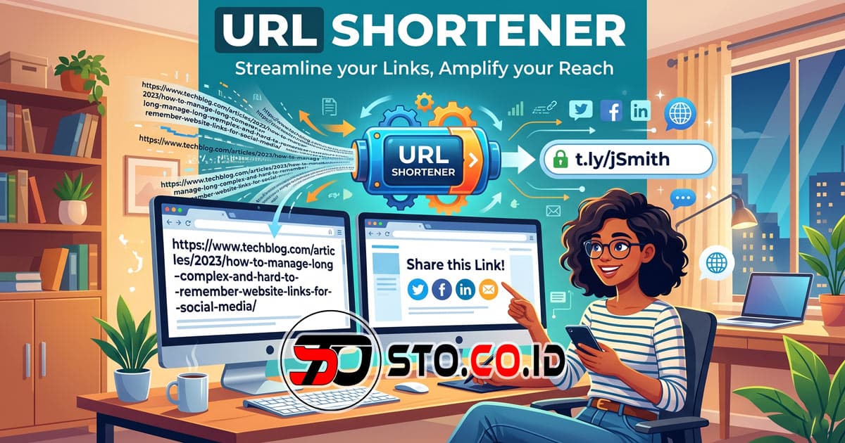 Ilustrasi URL shortener gratis link.sto.co.id untuk memperpendek tautan panjang menjadi link rapi dan mudah dibagikan